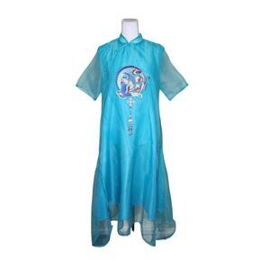Vintage Chinese Sheer Short Sleeve Embroidered Dress Womens Size L Turquoise Blu